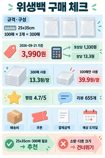 25×35cm 위생백 100매 3개, 총 300매의 가격 3,990원과 장당 13.3원을 정리한 인포그래픽