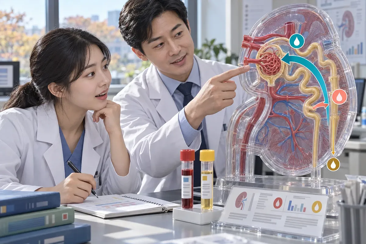 Two clinicians examining the glomerulus and tubules on a kidney model