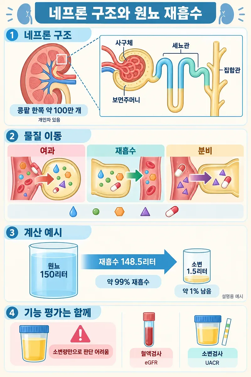 네프론 구조와 여과·재흡수·분비, 원뇨 150L가 소변 1.5L로 되는 과정을 정리한 인포그래픽