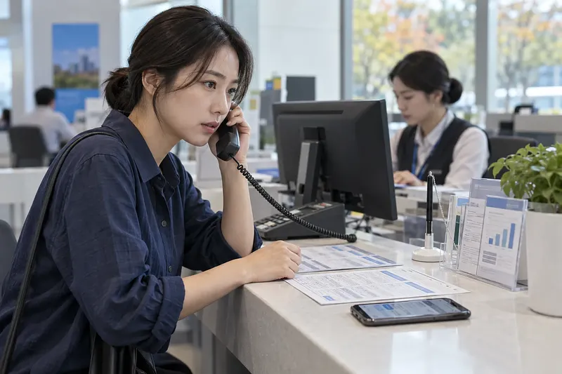 은행 창구에서 서류를 앞에 두고 유선전화로 상담하는 여성