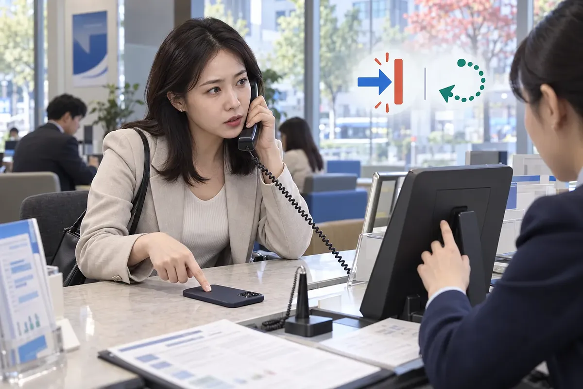 은행 창구에서 전화 상담을 하며 스마트폰을 가리키는 여성과 차단·복구 기호