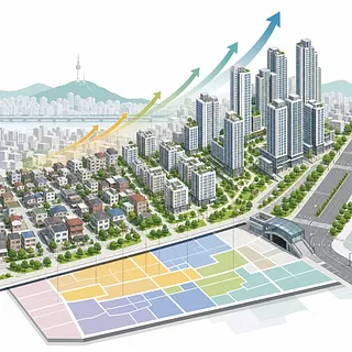 Concepto de remodelación urbana en Seúl con casas bajas, torres de apartamentos y flechas ascendentes