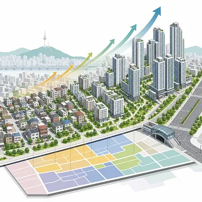 Concepto de remodelación urbana en Seúl con casas bajas, torres de apartamentos y flechas ascendentes