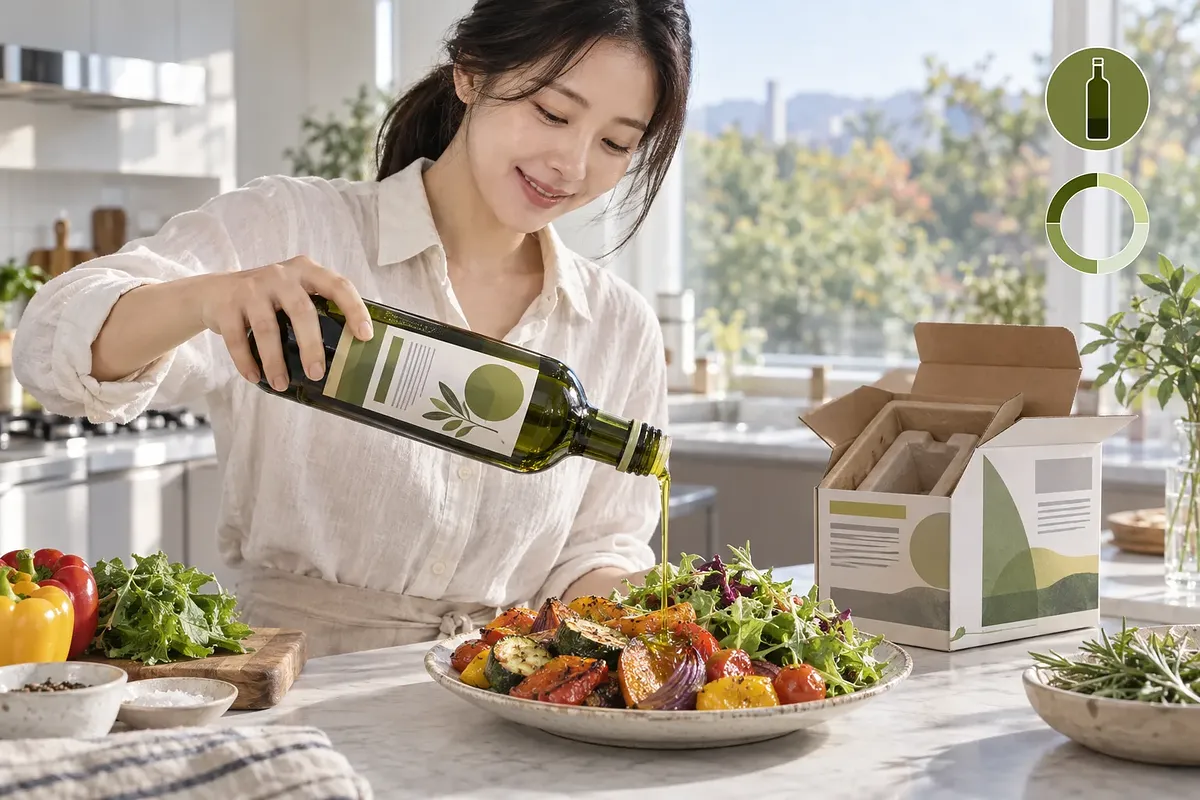 밝은 주방에서 여성이 병에 든 올리브오일을 구운 채소 샐러드에 붓는 모습