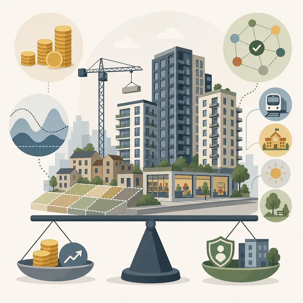 Desarrollo residencial en una balanza con grúa, monedas e iconos de servicios públicos