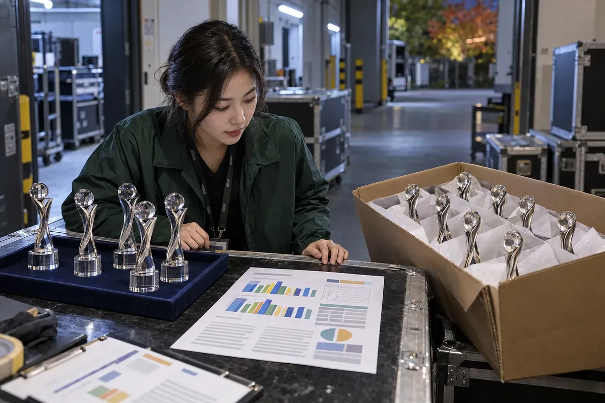 Staff member inspecting silver trophies in a backstage work area
