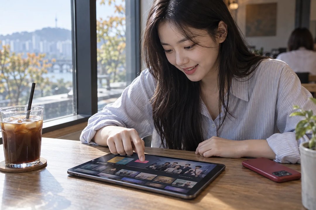 カフェの窓辺でアイスコーヒーを横にタブレットを操作する女性