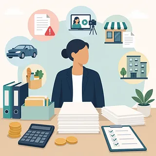 Empresaria en un escritorio con documentos, calculadora, lista e iconos fiscales