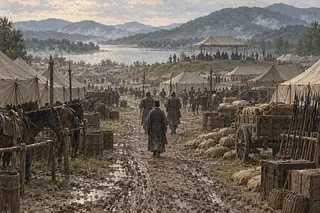 El enviado de Goguryeo Eulji Mundeok escoltado por un campamento sui junto al río