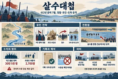 Infografía sobre la maniobra de Eulji Mundeok, la retirada de Sui, el ataque en Salsu y las cifras registradas