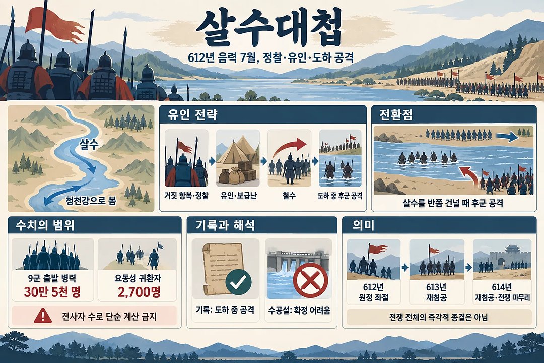 을지문덕의 유인 전략, 수나라군의 철수와 살수 도하 공격, 병력 수치와 기록 해석을 정리한 인포그래픽