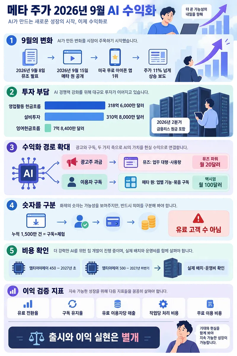 메타의 2026년 9월 AI 발표, 투자 부담, 수익화 경로와 확인할 지표를 정리한 인포그래픽