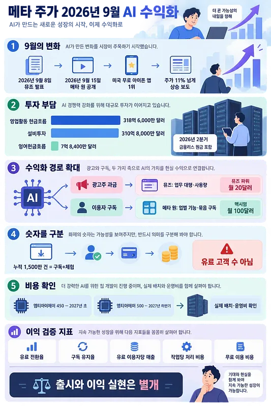 메타의 2026년 9월 AI 발표, 투자 부담, 수익화 경로와 확인할 지표를 정리한 인포그래픽