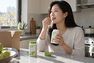 Una mujer toma una vitamina masticable de un frasco abierto en una cocina luminosa; hay otro frasco en la encimera.