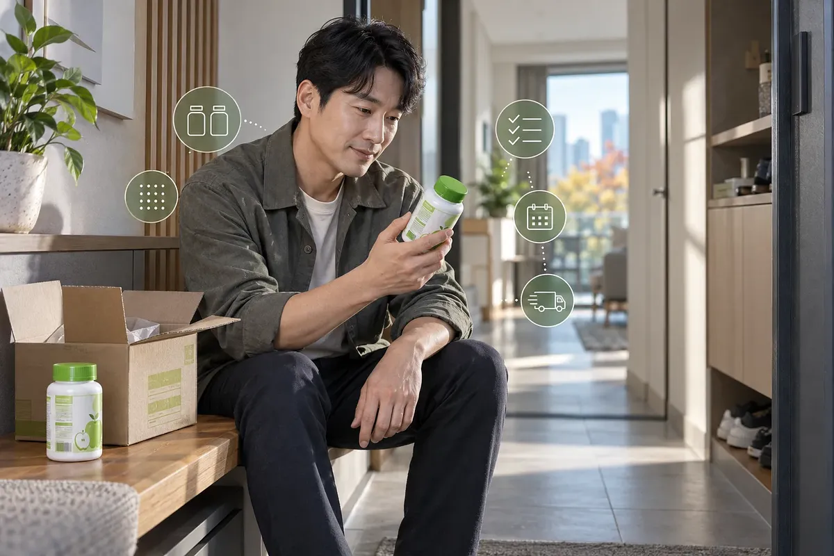 아파트 현관 벤치에 앉은 남성이 멀티비타민 용기의 표시를 살펴보고, 열린 상자 옆에 같은 용기 하나가 놓여 있다.