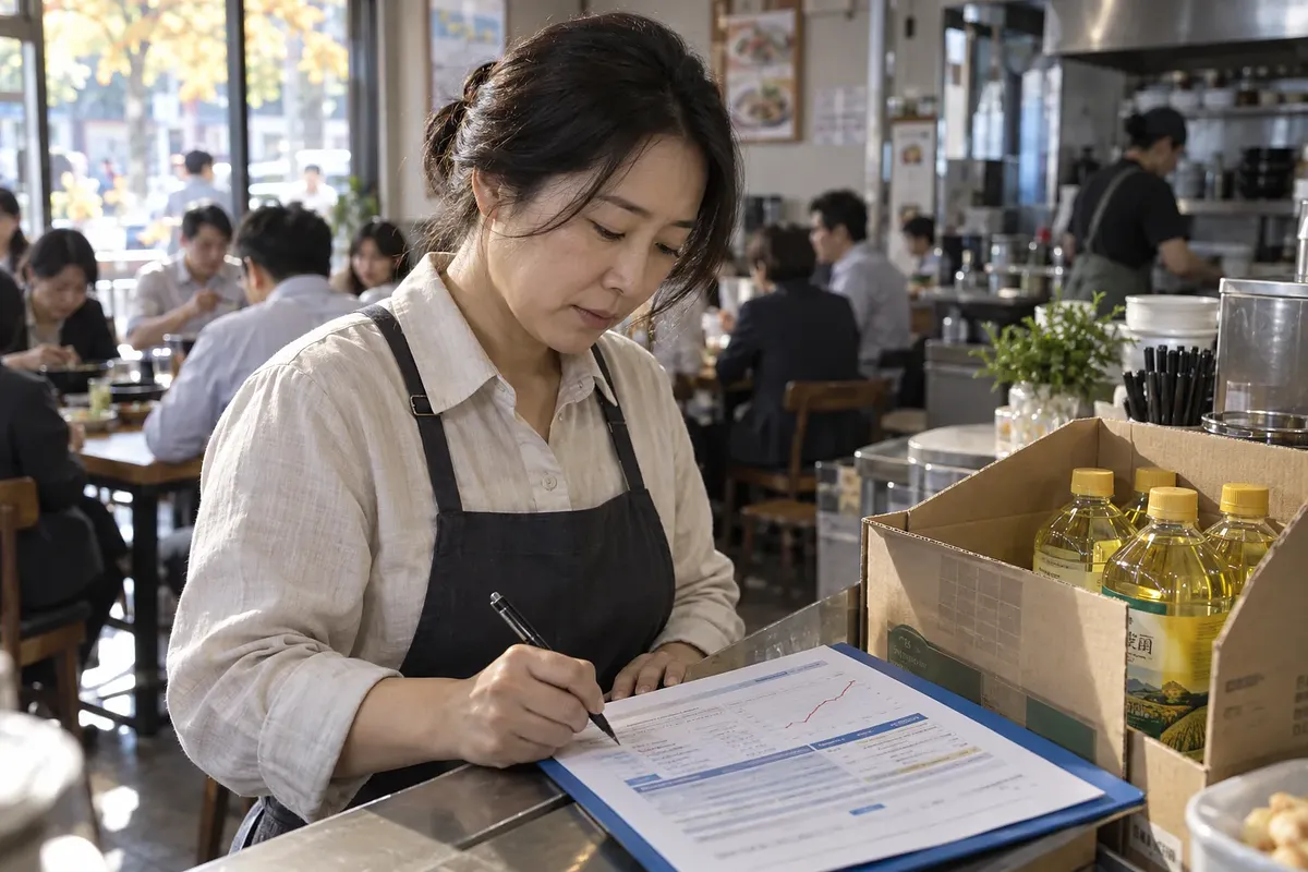 손님들로 붐비는 식당에서 여성 사장이 대출 상환 일정표를 살피며 서명하고 있다.