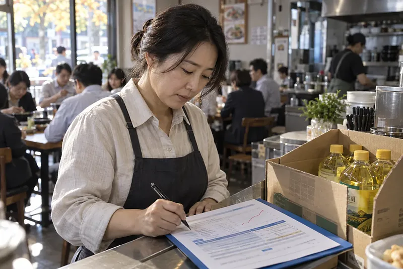 손님들로 붐비는 식당에서 여성 사장이 대출 상환 일정표를 살피며 서명하고 있다.