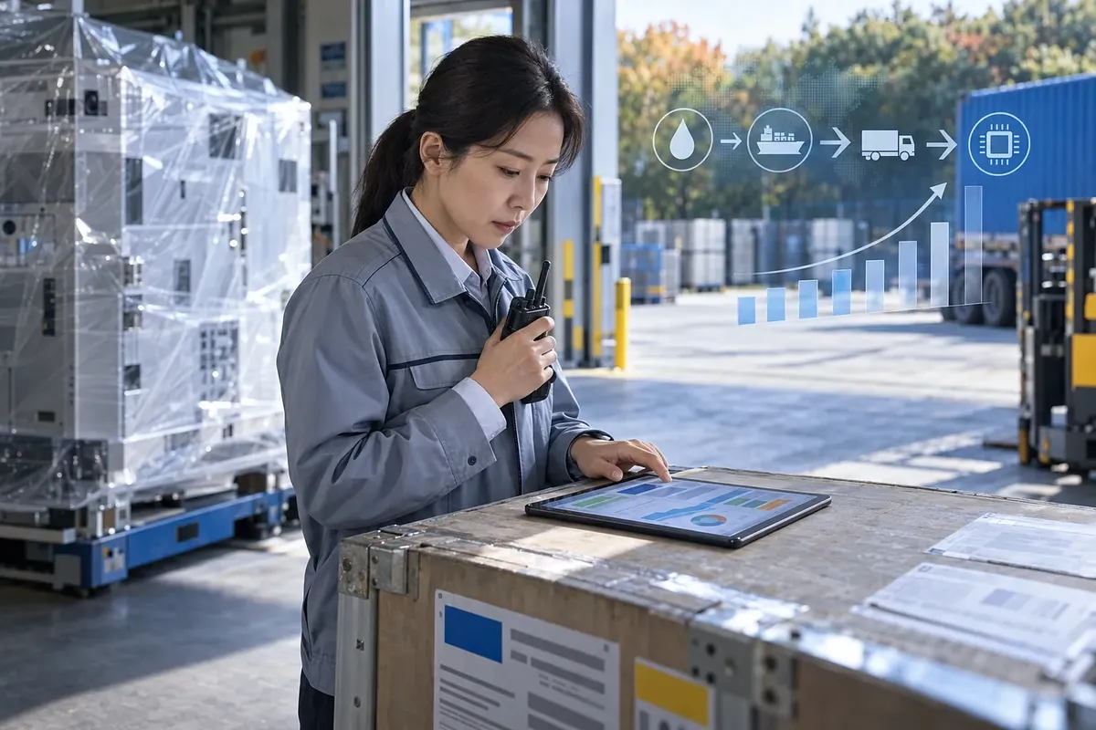A factory manager holds a radio and checks charts on a tablet beside wrapped equipment at a loading bay.