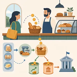 パン店で客と店員が取引し、硬貨の流れと政府への納税が示されたイラスト