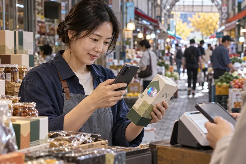 A vendor at a covered Korean market checks her phone while holding a product box with a holographic seal.