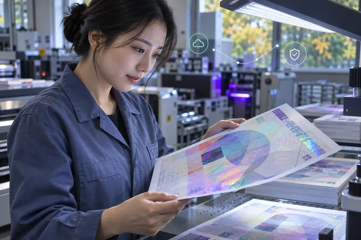 Una técnica coreana examina una hoja impresa con un patrón holográfico en un taller de impresión.