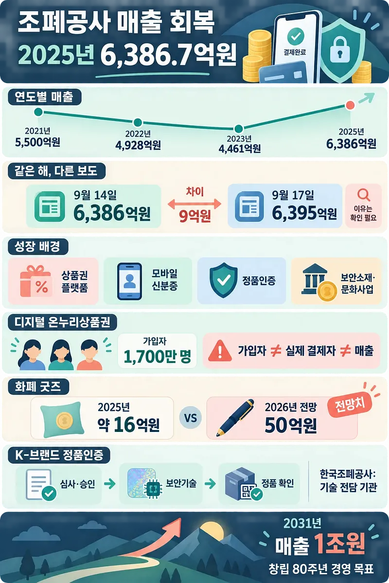 한국조폐공사의 2025년 매출 6,386.7억원과 연도별 추이, 성장 사업, 2031년 목표를 정리한 인포그래픽