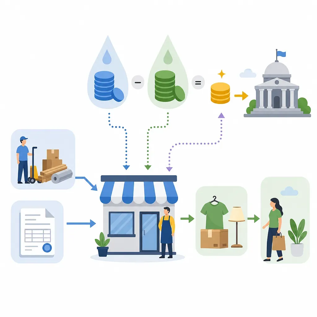 VAT flow diagram with a shop, supplies, invoice, customer, coins, arrows, and a government building