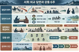 993년 서희의 담판부터 강동 6주 확보까지 침입, 협상, 축성 과정을 정리한 세로형 인포그래픽
