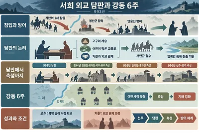 993年の侵攻から徐熙の交渉、築城、江東六州の確保までをたどる縦長の図解
