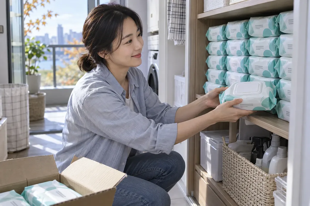 女性が同じウェットティッシュの並ぶ棚に、ふた付きの1パックを収めている。