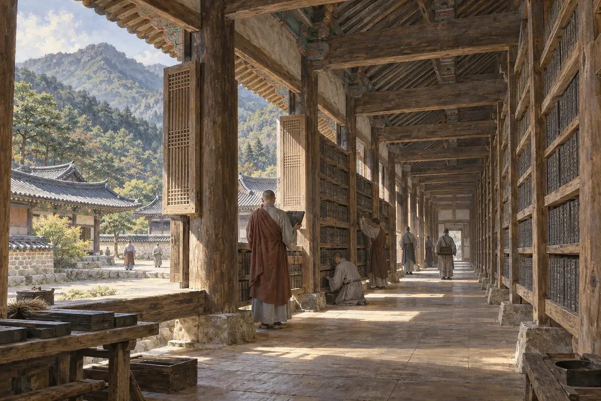 海印寺の長い木造の回廊で僧侶が経板を点検し、開いた窓の向こうに山々が見える。