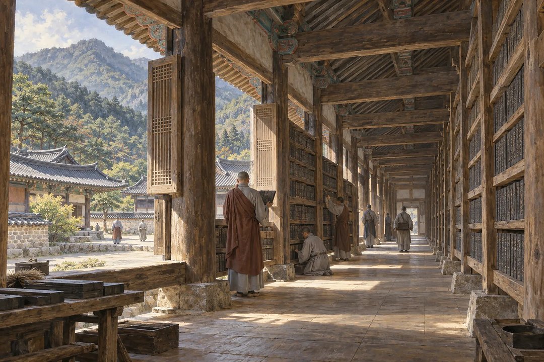 해인사 장경판전의 긴 목조 복도에서 승려들이 경판을 살피고 열린 창 너머로 산이 보인다.