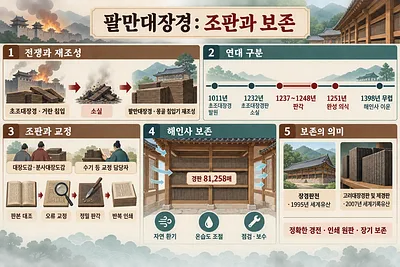 Korean infographic with five sections on wartime rebuilding, dates, proofreading, Haeinsa storage and heritage status