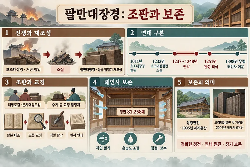 Korean infographic with five sections on wartime rebuilding, dates, proofreading, Haeinsa storage and heritage status