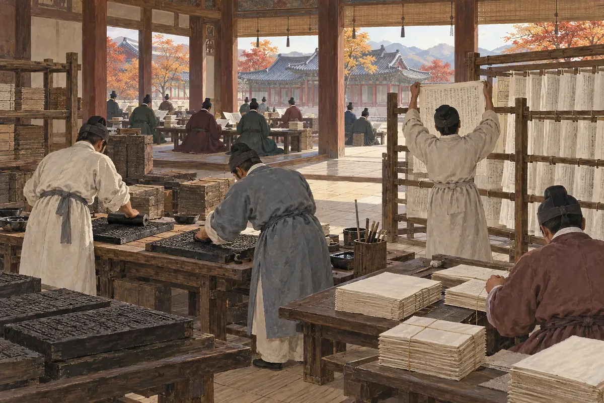 가을 궁궐의 인쇄 작업장에서 장인들이 목판에 먹을 바르고 종이를 말리고 묶으며, 뒤편 학자들이 원고를 살핀다.