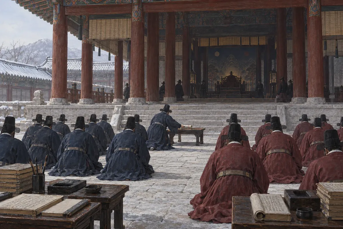 Officials kneel in a snowy palace courtyard as one sets a petition on a table; the king sits deep inside the hall.