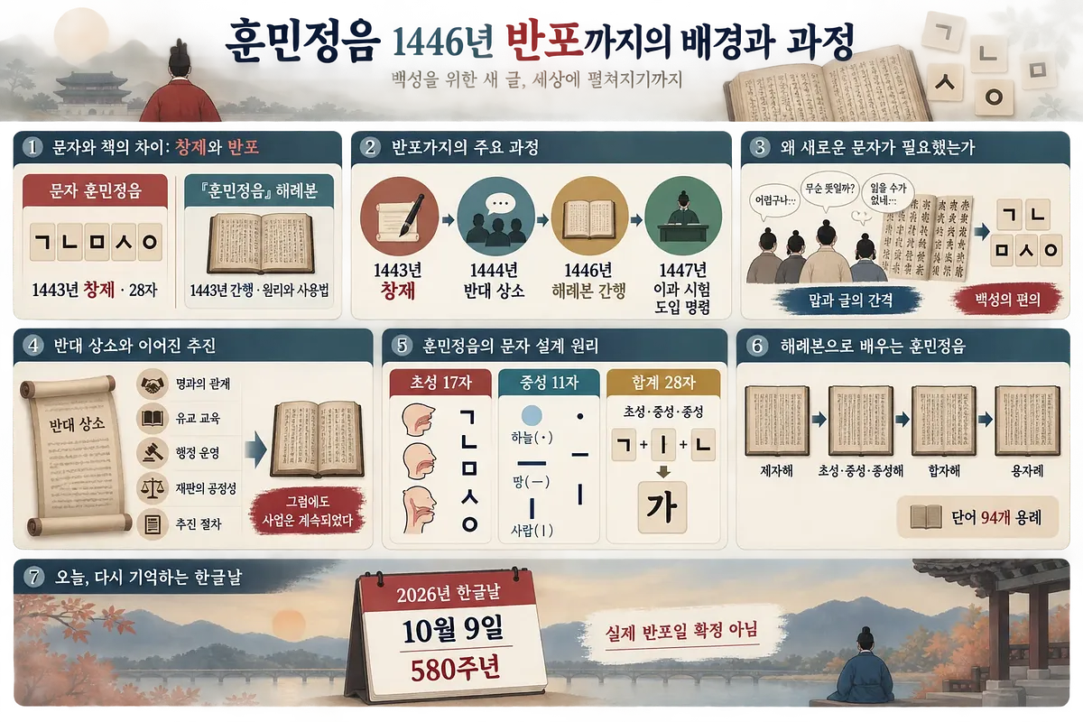 훈민정음 창제부터 반포와 활용까지의 연표, 글자 원리, 반대 상소, 한글날을 정리한 한국어 인포그래픽