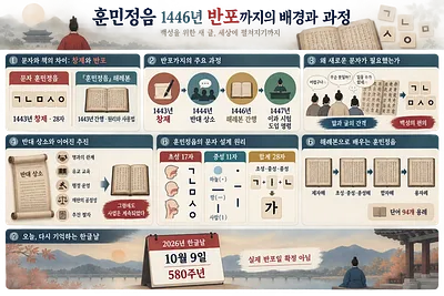 Korean infographic covering the Hunminjeongeum timeline, letter design, objections, and Hangeul Day