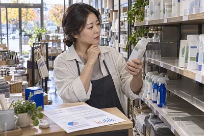A shop owner studies a bottle beside sparsely stocked shelves, with sales charts on the counter.