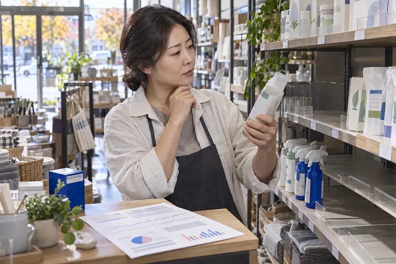 A shop owner studies a bottle beside sparsely stocked shelves, with sales charts on the counter.