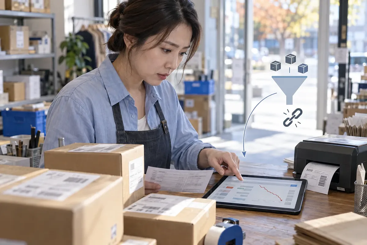 Woman checks packed orders against an order sheet and a declining graph on a tablet