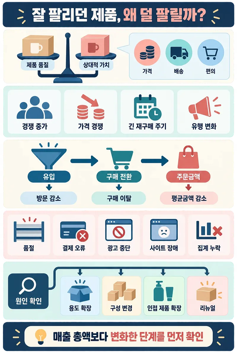 제품 가치 비교부터 판매 감소 원인, 매출 진단 단계와 대응책까지 정리한 세로형 인포그래픽.