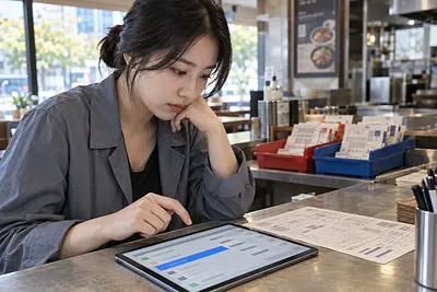 식당 카운터에서 태블릿의 차트와 데이터를 살펴보는 여성