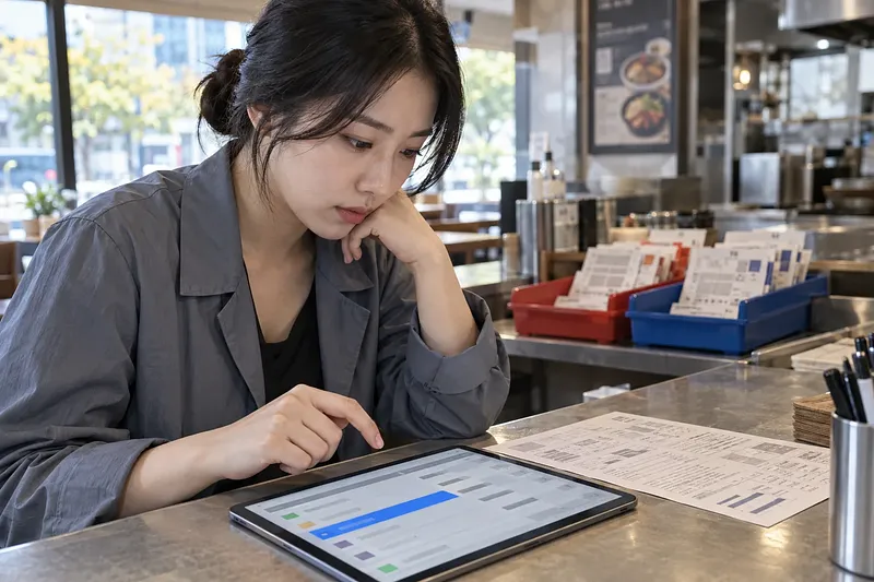 Woman reviewing charts and data on a tablet at a restaurant counter