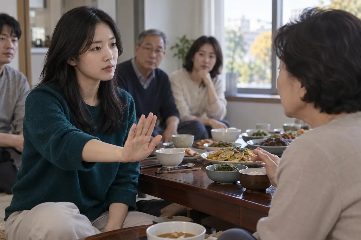 명절 음식이 차려진 식탁에서 손을 들어 어른의 말을 제지하는 젊은 여성과 지켜보는 가족들
