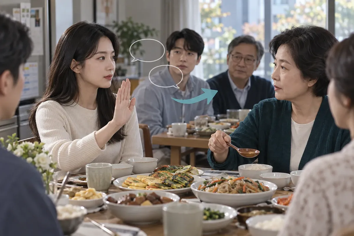 명절 음식이 차려진 식탁에서 손을 들고 어른과 대화하는 젊은 여성