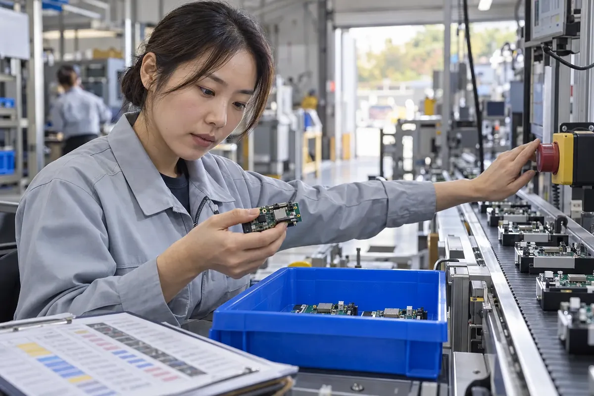 전자제품 조립 라인에서 회로 기판을 검사하며 설비 버튼에 손을 댄 작업자