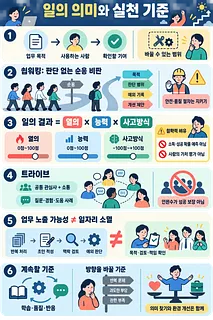 일의 의미와 실천 기준을 6개 항목과 직장인 일러스트로 정리한 한국어 인포그래픽