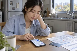 Woman reviewing financial charts on a smartphone beside a card and documents at a kitchen table