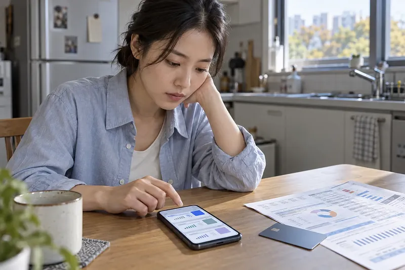 キッチンのテーブルでカードと家計資料を広げ、スマートフォンの支出データを見る女性